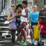Super model and super mum Heidi Klum seen enjoying the sunshine while taking her children Leni, Lou, Johan, and Henry to a local park and after treating them to some frozen yogurt neat her home in New York