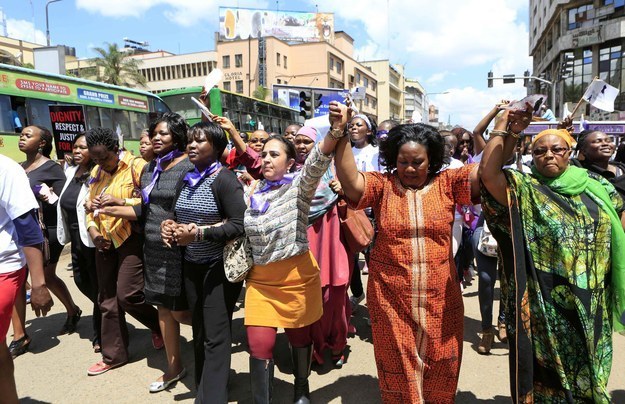 The hundreds of women in Kenya that protested on the streets in Nairobi after a woman was attacked and stripped by men in public who believe she was "dressed indecently" for wearing a mini skirt.