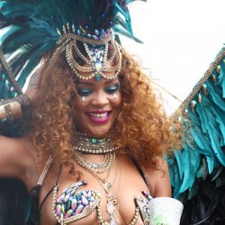 Rihanna is pictured on a float Kadooment day in Barbados